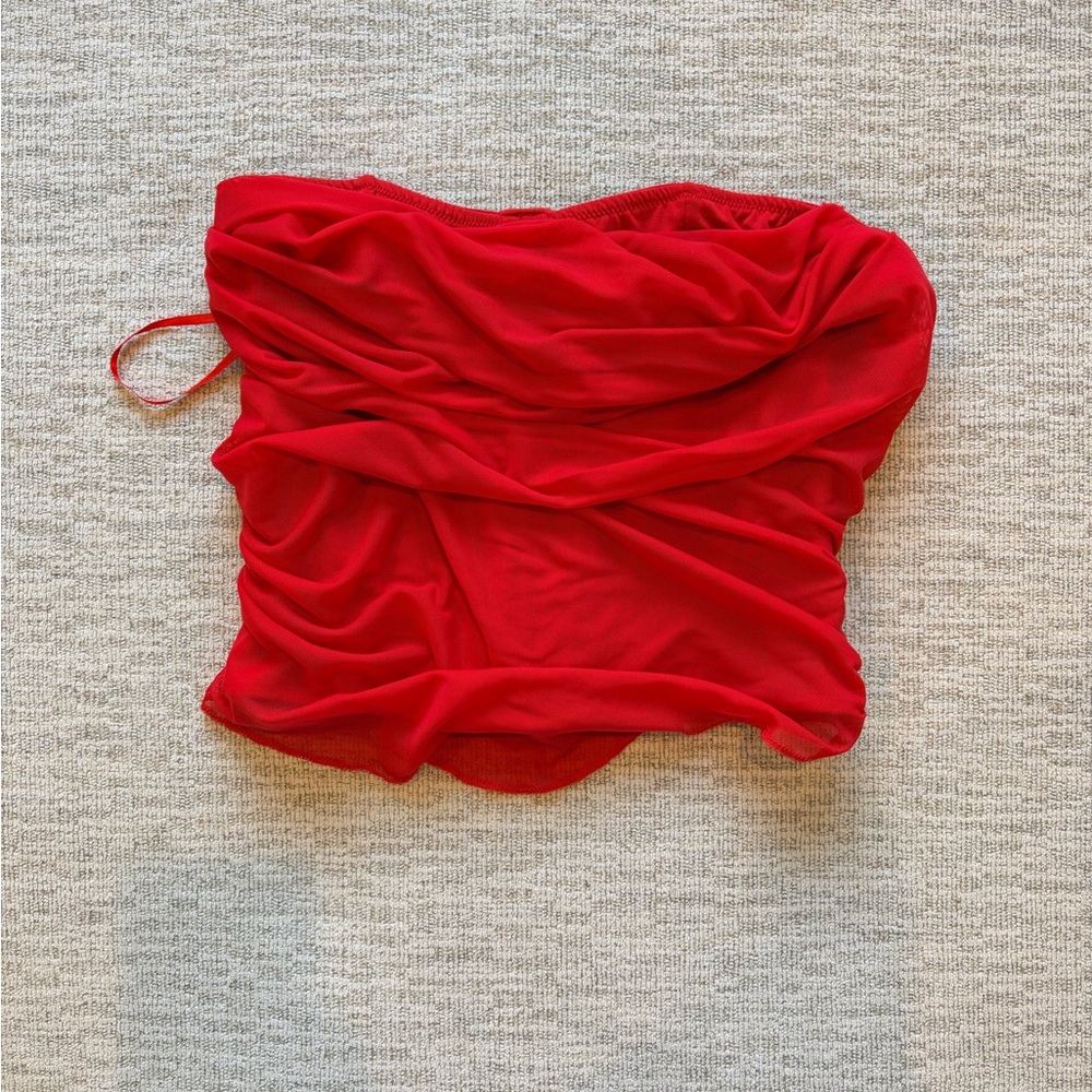 Chic Red Ruched Strapless Top